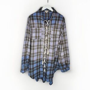 POL Blue Plaid Lace Up Oversized Flannel  Tunic Shirt Side Split Sz Small Grunge
